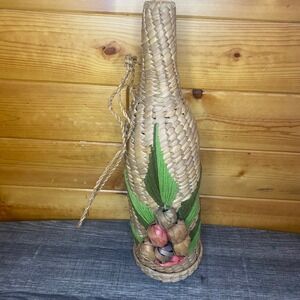 Vintage Woven Raffia Bottle Cover Decorative Holder with Fruit Embellishments